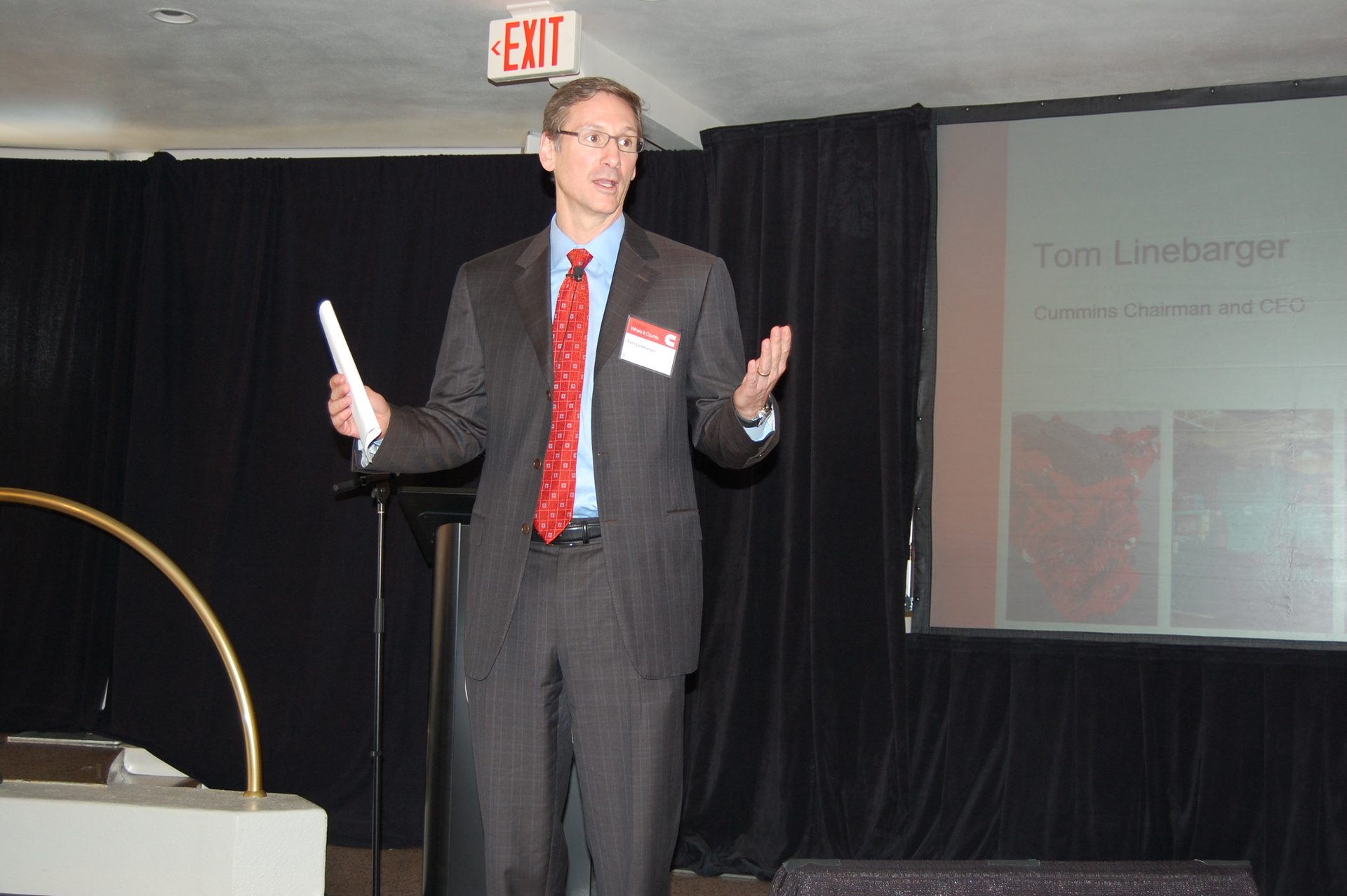 Chairman amp CEO Tom Linebarger speaks during the Cummins press event Tuesday night at the MidAmerica Trucking Show in Louisville KY