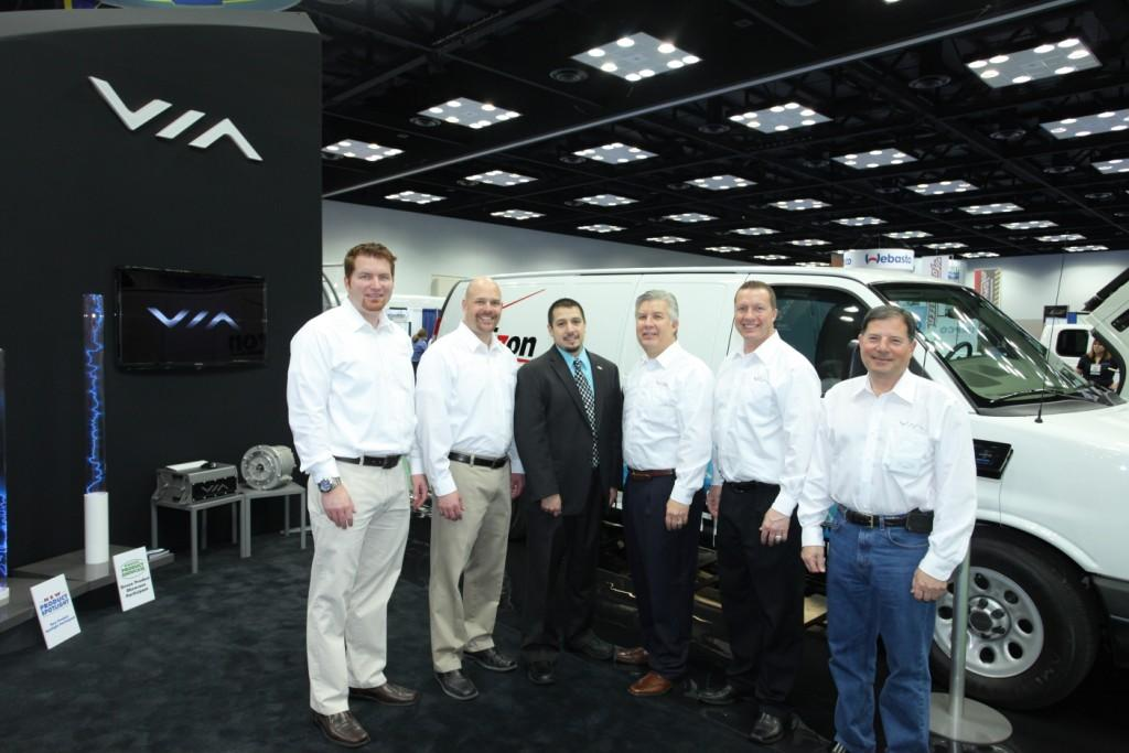 Rob Gutierrez NTEA director of trade shows and events congratulates VIA Motors on being named the winner of The Work Truck Show 2012 Green Award for its fullsize extended range electric vehicle EREV work trucks Pictured LR Gabriel Hern VIA Motors regional sales director Ty Kielblock VIA Motors regional sales director Rob Gutierrez Mark Burdge VIA Motors vice presidentsales amp business development Dan Edwards VIA Motors national sales director Jeffrey Esfeld VIA Motors directorcommercial fleet programs amp