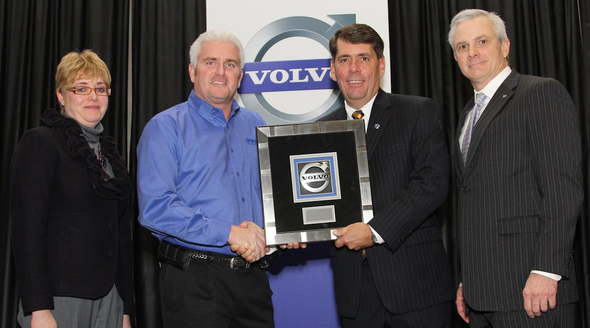GATR dealer principal Bob Neitzke receives the 2011 U.S. Dealer of the Year award. From left to right are Kelly Sheehan, chair of Volvo&rsquo;s Dealer Advisory Council, Bob Neitzke, Ron Huibers, president, Volvo Trucks North American Sales &amp; Marketing and Terry Billings, Volvo Trucks vice president, sales &ndash; U.S.