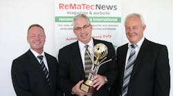 Meritor was named the 2012 Remanufacturer of the Year by ReMaTecNews. Accepting the award is (from left) Michael Boe, general manager - Europe, Meritor Aftermarket; Doug Wolma, general manager - worldwide operations, Meritor Aftermarket; and Ian Buxcey, remanufacturing manager-Europe, Meritor.