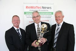 Meritor was named the 2012 Remanufacturer of the Year by ReMaTecNews Accepting the award is from left Michael Boe general manager Europe Meritor Aftermarket Doug Wolma general manager worldwide operations Meritor Aftermarket and Ian Buxcey remanufacturing managerEurope Meritor Meritor was named the 2012 Remanufacturer of the Year by ReMaTecNews Accepting the award is from left Michael Boe general manager Europe Meritor Aftermarket Doug Wolma general manager worldwide operations Meritor Aftermarket and Ian Buxcey remanufacturing managerEurope Meritor