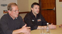 W.M. &apos;Rusty&apos; Rush and Tony Stewart discuss the partnership between Rush Enterprises and the Stewart-Haas Racing (SHR) NASCAR Sprint Cup Series team at a press conference during the 2013 Rush Technician Skills Rodeo.