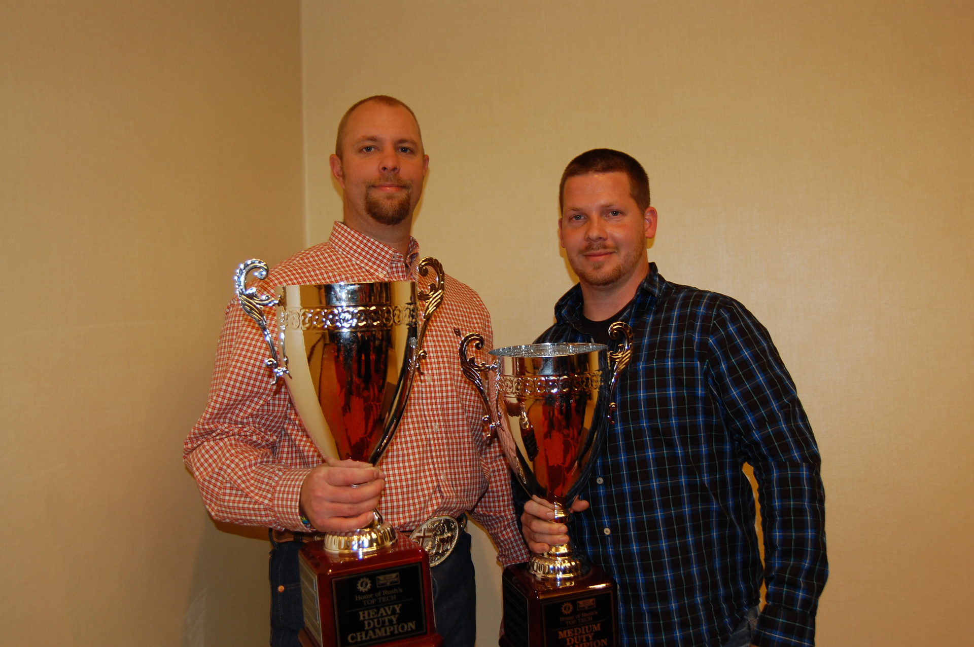 Jason Swann left and Lance Kilburn were named heavy and mediumduty champions respectively at the 2013 Rush Truck Centers Technician Skills Rodeo