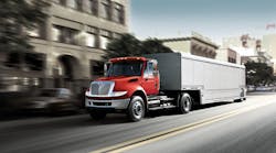 The medium-duty International DuraStar is among the truck models built by Navistar that are now available with SCR-equipped Cummins diesel engines.