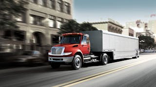 The medium-duty International DuraStar is among the truck models built by Navistar that are now available with SCR-equipped Cummins diesel engines.