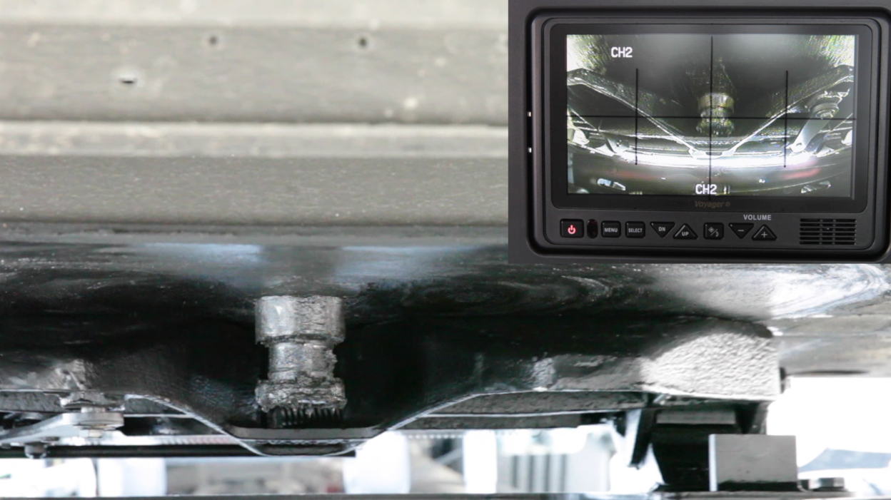 A small backup camera from Fontaine Fifth Wheel helps drivers properly align the fifth wheel and kingpin