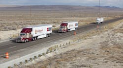Peloton&rsquo;s V2V tehcnology-based truck platooning concept was proved out in the real world via fuel-efficiency testing of this pair of electronically linked CR England rigs