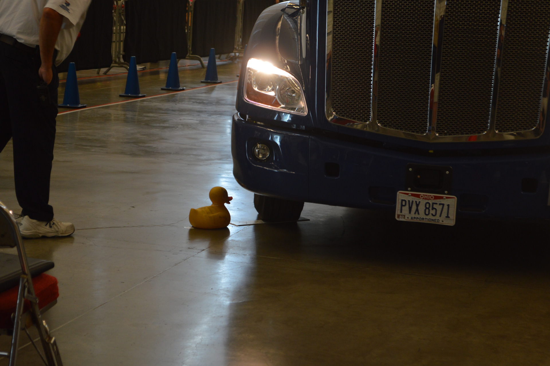 Among the tasks judged is precision driving around a curve The goal is to get the right steer tire as close to the large rubber duck as possible without touching it The driver obviously cannot see the duck within several feet of it