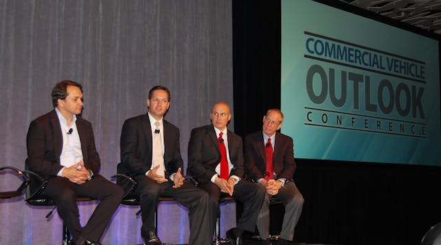 Panelists discussed total vehicle cost and how operating costs are becoming a bigger factor for fleets during a discussion on lifecycle trends at the Commercial Vehicle Outlook Conference in Dallas. From left, John Diez, senior vice president, Ryder Dedicated; Dave Williams, vice president-equipment, Knight Transportation; David Hames, general manager of marketing and strategy, DTNA; and Bruce Ewald, senior vice president-sales &amp; marketing, Wabash National.