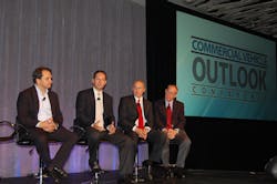 Panelists discussed total vehicle cost and how operating costs are becoming a bigger factor for fleets during a discussion on lifecycle trends at the Commercial Vehicle Outlook Conference in Dallas From left John Diez senior vice president Ryder Dedicated Dave Williams vice presidentequipment Knight Transportation David Hames general manager of marketing and strategy DTNA and Bruce Ewald senior vice presidentsales amp marketing Wabash National Panelists discussed total vehicle cost and how operating costs are becoming a bigger factor for fleets during a discussion on lifecycle trends at the Commercial Vehicle Outlook Conference in Dallas From left John Diez senior vice president Ryder Dedicated Dave Williams vice presidentequipment Knight Transportation David Hames general manager of marketing and strategy DTNA and Bruce Ewald senior vice presidentsales amp marketing Wabash National