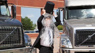 G&ouml;ran Nyberg, Volvo Trucks&apos; president of North American Sales &amp; Marketing,completing the ALS Ice Bucket Challenge outside the truck builder&apos;s Greensboro, NC, headquarters
