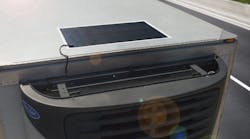 New Thin-Film Flexible Solar Panels from Carrier Transicold are available in a standard configuration for trailer rooftops (shown) and a narrower rail-optimized version.