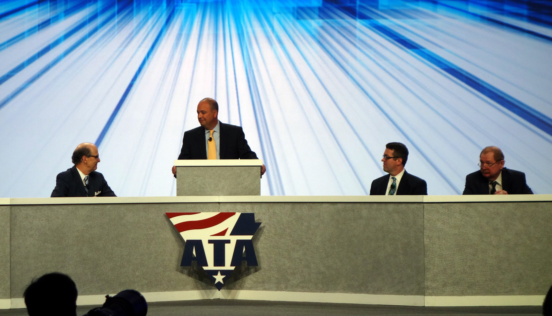 ATA Chief Economist Bob Costello moderates a panel of fellow chief economists seated from the left Jack Kleinhenz of the National Retail Federation Chad Moutray of the National Assn of Manufacturers and John Felmy of the American Petroleum Institute
