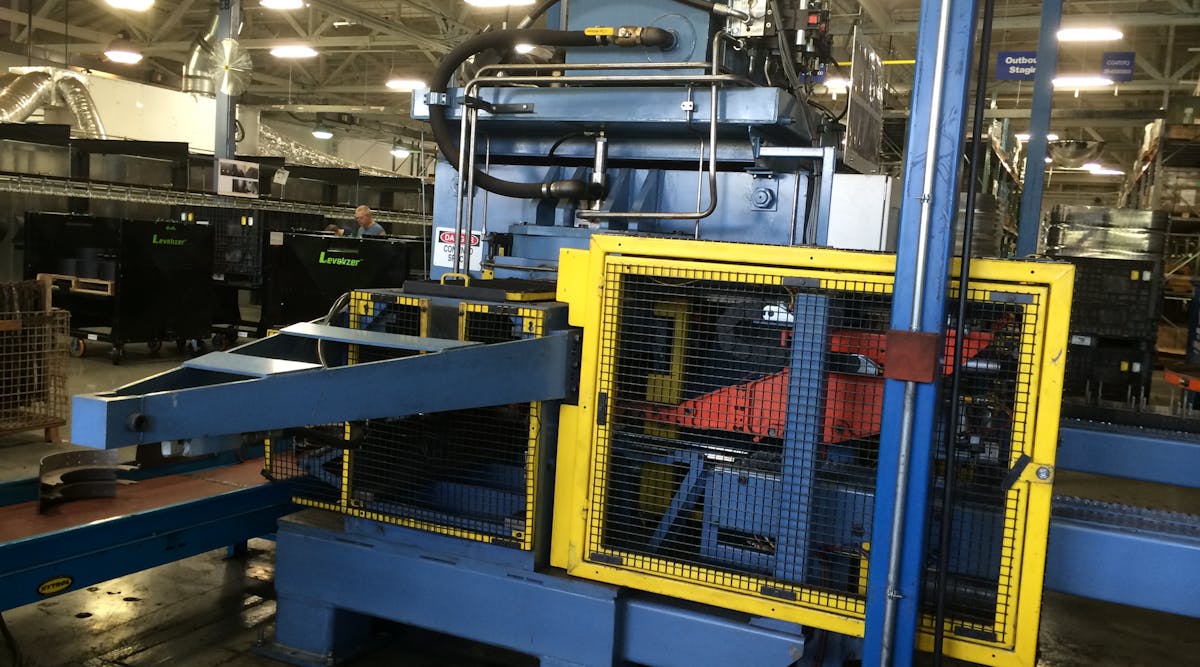 Over $3 million invested thsi year by Bendix in its Huntington, IN, brake-shoe remanufacturing center of excellence included installing this 1,000-ton &apos;coining press&apos; that swiftly returns used brake shoes to the exact shapes engineered by their original manufacturers