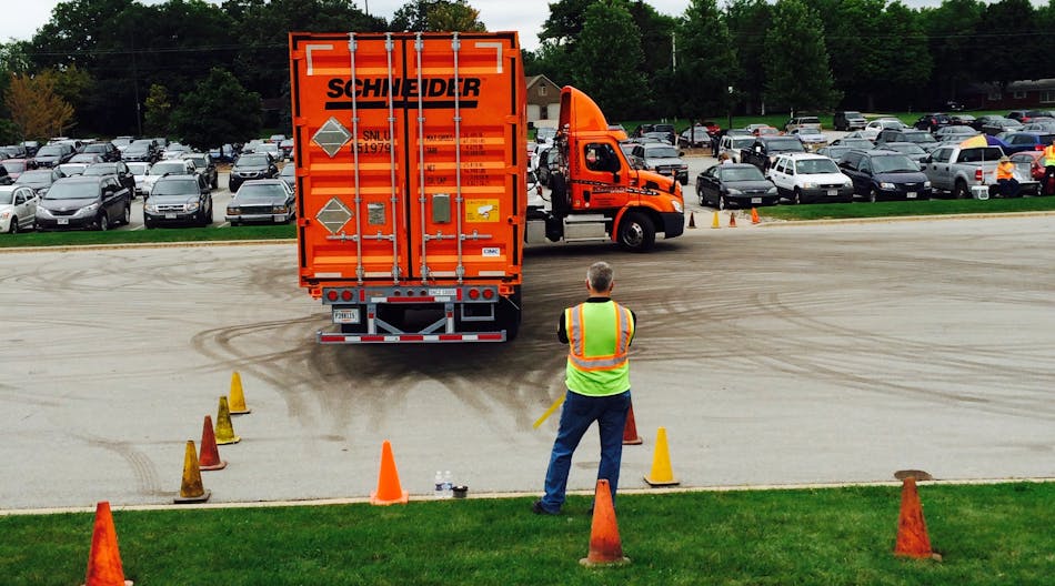 The annual Intermodal Safety Rodeo conducted by Schneider is designed to test in about 15 minutes both blind-side backing and the ability to handle tricky parking situations