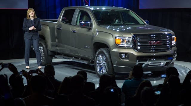 Mary Barra, GM&apos;s CEO-elect, introduces the new 2015 GMC Canyon midsize pickup at the North American International Auto Show.