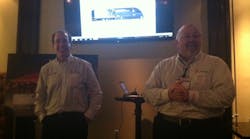 Shell&apos;s Dave Waterman (at right) and Airflow&apos;s Bob Silwa (left) discuss the &apos;StarShip&apos; tractor-trailer concept project being sponsored by Shell Lubricants.