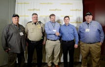 Clinton Blackburn (center) is congratulated by Gary Medalis, marketing director, Goodyear Commercial Tire Systems after being named the 2015 Goodyear Highway Hero winner at the Mid-America Trucking Show in Louisville. He is flanked by runners up David Frederickson (L) and Mack Guffey (R) along with Spencer County Sherriff Darrell Herndon. Blackburn saved the life of Spencer County Sheriff Darrell Herndon who was struggling with a prisoner he was transporting.
