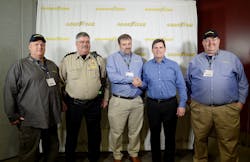 Clinton Blackburn center is congratulated by Gary Medalis marketing director Goodyear Commercial Tire Systems after being named the 2015 Goodyear Highway Hero winner at the MidAmerica Trucking Show in Louisville He is flanked by runners up David Frederickson L and Mack Guffey R along with Spencer County Sherriff Darrell Herndon Blackburn saved the life of Spencer County Sheriff Darrell Herndon who was struggling with a prisoner he was transporting Clinton Blackburn center is congratulated by Gary Medalis marketing director Goodyear Commercial Tire Systems after being named the 2015 Goodyear Highway Hero winner at the MidAmerica Trucking Show in Louisville He is flanked by runners up David Frederickson L and Mack Guffey R along with Spencer County Sherriff Darrell Herndon Blackburn saved the life of Spencer County Sheriff Darrell Herndon who was struggling with a prisoner he was transporting