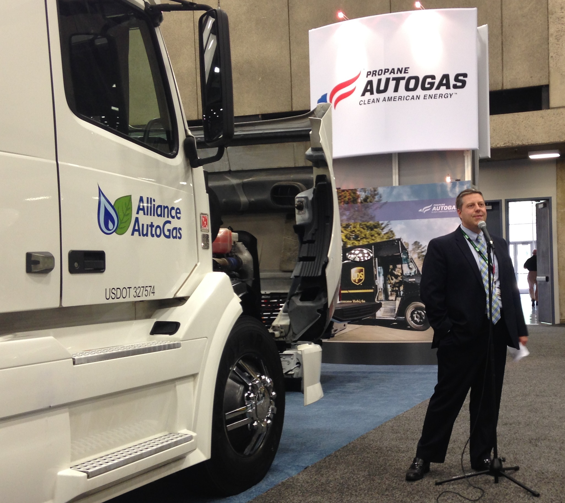 Ed Hoffman president of Blossman Services Inc seen showcasing at the ACT Expo the diesel displacement autogas system for the Volvo D13MACK MP8 engine