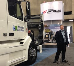 Ed Hoffman president of Blossman Services Inc seen showcasing at the ACT Expo the diesel displacement autogas system for the Volvo D13MACK MP8 engine Ed Hoffman president of Blossman Services Inc seen showcasing at the ACT Expo the diesel displacement autogas system for the Volvo D13MACK MP8 engine