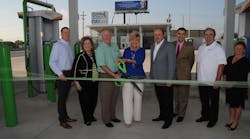 From left, Damon Cuzick, COO of EVO CNG; Mary Boettcher, president of Trillium CNG; Danny Cuzick, president of EVO CNG; Betsy Price, mayor of ForthWorth; Don Orr, president of Central Freight Lines; John Exparza, president and CEO of Texas Trucking Association; Theril Lund, CFO of EVO CNG; and Susan Shifflett-Regional Director of Texas Railroad Commission at the April 22 ribbon-cutting ceremony.