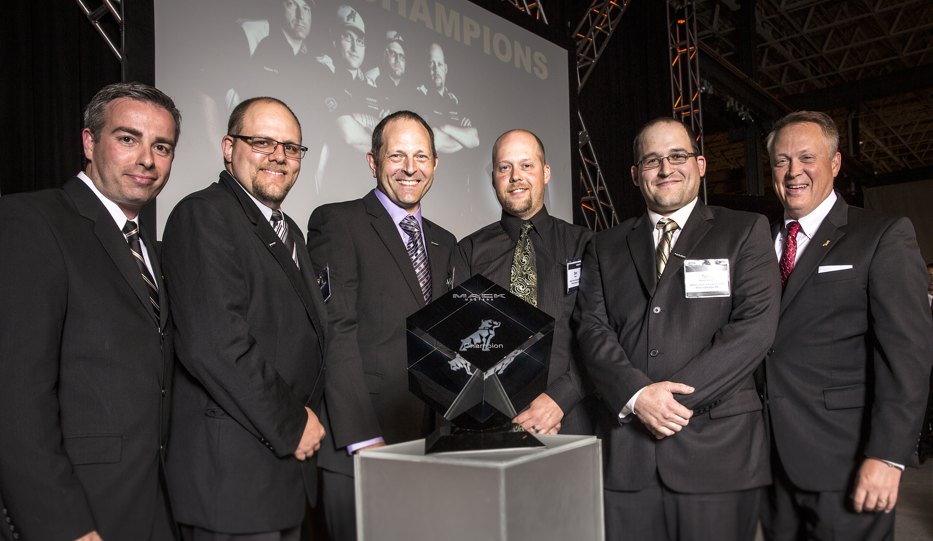 Mack Trucks crowned team ldquoBabine PGrdquo from Babine Truck amp Equipment of Prince George British Columbia Canada champion of the inaugural Mack Masters Competition final held at the Mack Customer Center in Allentown Pennsylvania From left Mike Vales Mack technical service manager Canada region Babine Truck amp Equipment team members Matthew Giesbrecht Clarence Oosterhoff Dan Orser and Tyler Kronebusch and Stephen Roy president Mack Trucks North America