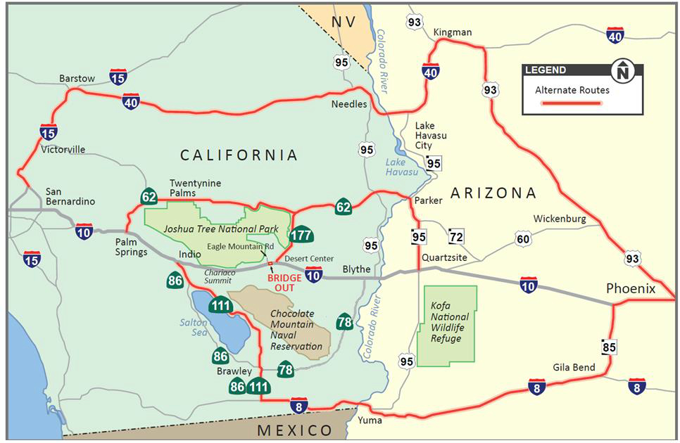 A Caltrans detour map around the I10 bridge closure