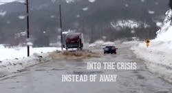 A still from a video released by hiring and recruiting company Fastport for National Truck Driver Appreciation Week shows a tractor trailer plowing through flood waters to deliver supplies A still from a video released by hiring and recruiting company Fastport for National Truck Driver Appreciation Week shows a tractor trailer plowing through flood waters to deliver supplies