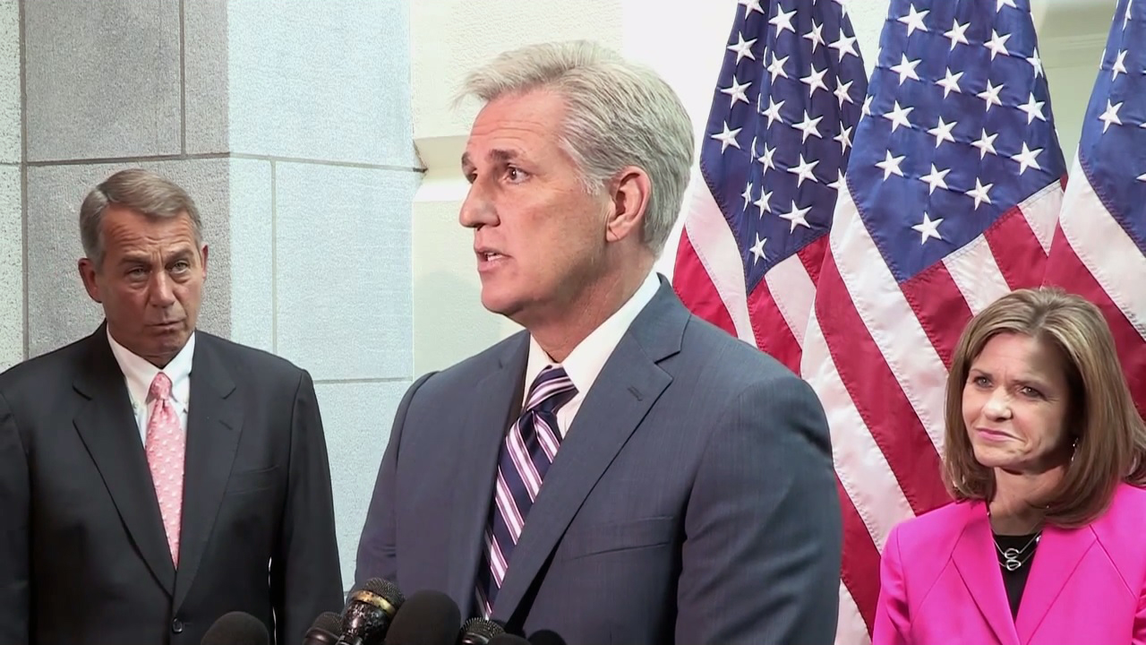 House Majority Leader Kevin McCarthy RCA center shown at a GOP press conference is widely favored to win a vote next week to become Speaker of the House replacing exiting House Speaker John Boehner ROH at left