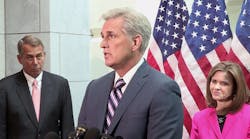House Majority Leader Kevin McCarthy (R-CA), center, shown at a GOP press conference, is widely favored to win a vote next week to become Speaker of the House, replacing exiting House Speaker John Boehner (R-OH), at left.