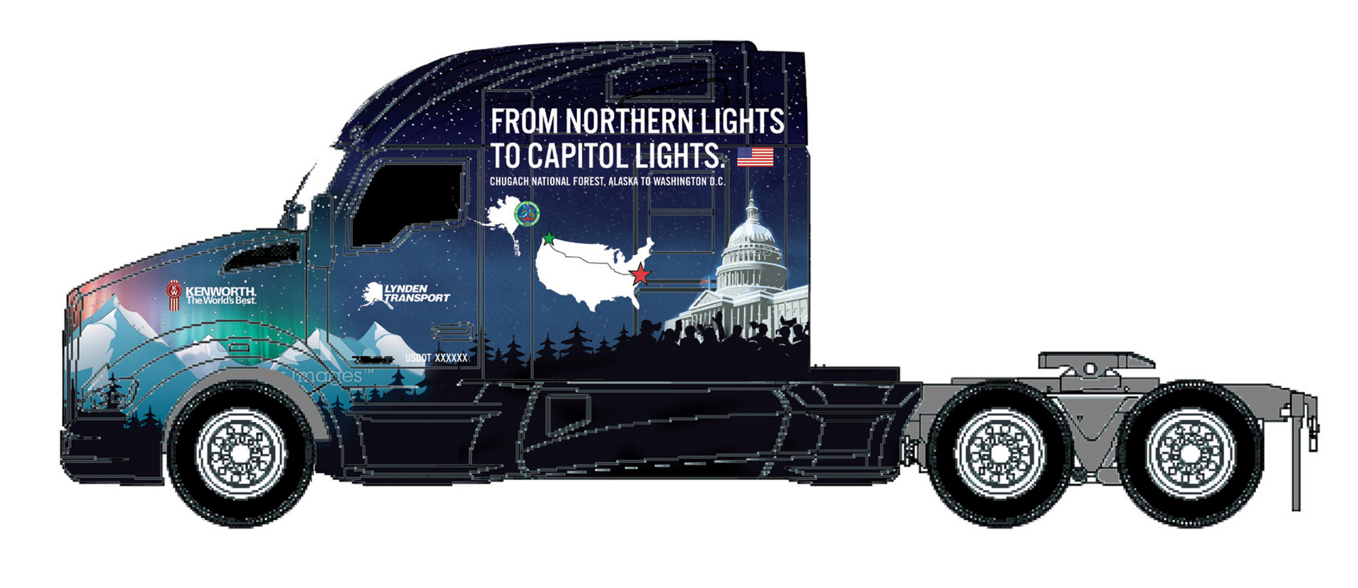 This decaled Kenworth T680 will transport this yearrsquos US Capitol Christmas tree some 3000 miles to 10 community celebrations en route to the treelighting event in Washington DC