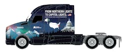 This decaled Kenworth T680 will transport this yearrsquos US Capitol Christmas tree some 3000 miles to 10 community celebrations en route to the treelighting event in Washington DC This decaled Kenworth T680 will transport this yearrsquos US Capitol Christmas tree some 3000 miles to 10 community celebrations en route to the treelighting event in Washington DC