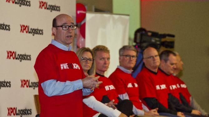 Bradley Jacobs at left speaks at a Conway employee meeting about its 3 billion acquisition by XPO Logistics