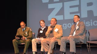 From left, Stephen Harbin, chief of safety for New York City&apos;s Department of Sanitation; John McDonagh, recognized safe taxi driver with 55 Stan Operating Co.; Ken Levine, corporate safety director at Action Carting; and Neal Kalish, president of AmbuTrans discuss fleet best practices in safety during the Nov. 5 Vision Zero Safety Forum in Queens, NY.
