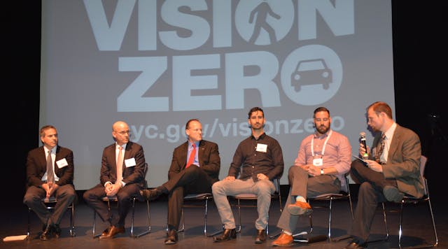 Technology experts, from left Michael Backman, Mobileye; Ben Englander, Rosco Vision Systems; Jon Coleman, Ford; Jonathan Matus, Zendrive; Michael Rosen, Thermopylae Sciences; and moderator Alexander Epstein, US DOT&apos;s Volpe Center, discuss the ways technology could help eliminate vehicle related fatalities during a Nov. 5 Vision Zero Fleet Safety Forum in Queens.