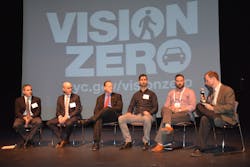 Technology experts from left Michael Backman Mobileye Ben Englander Rosco Vision Systems Jon Coleman Ford Jonathan Matus Zendrive Michael Rosen Thermopylae Sciences and moderator Alexander Epstein US DOT39s Volpe Center discuss the ways technology could help eliminate vehicle related fatalities during a Nov 5 Vision Zero Fleet Safety Forum in Queens Technology experts from left Michael Backman Mobileye Ben Englander Rosco Vision Systems Jon Coleman Ford Jonathan Matus Zendrive Michael Rosen Thermopylae Sciences and moderator Alexander Epstein US DOT39s Volpe Center discuss the ways technology could help eliminate vehicle related fatalities during a Nov 5 Vision Zero Fleet Safety Forum in Queens