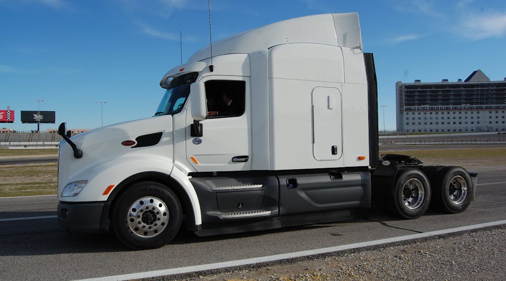 Peterbilt demonstrated the capabilities of its Model 579 autonomous test truck on the infield of the Texas Motor Speedway.