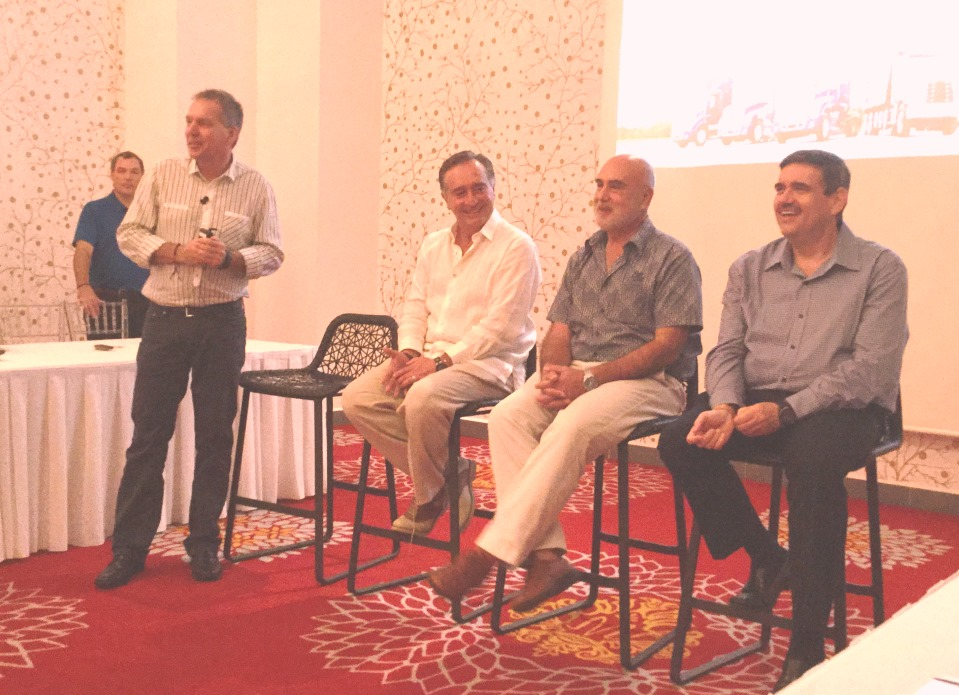 Stefan Kurschner at left president and CEO of Daimler Commercial Vehicles Mexico leads a panel discussion featuring left to right Miguel Gomez Fletes Mexico Ramon Medrano Frio Express and Alex Theissen FEMSA Logistica