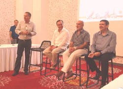 Stefan Kurschner at left president and CEO of Daimler Commercial Vehicles Mexico leads a panel discussion featuring left to right Miguel Gomez Fletes Mexico Ramon Medrano Frio Express and Alex Theissen FEMSA Logistica Stefan Kurschner at left president and CEO of Daimler Commercial Vehicles Mexico leads a panel discussion featuring left to right Miguel Gomez Fletes Mexico Ramon Medrano Frio Express and Alex Theissen FEMSA Logistica