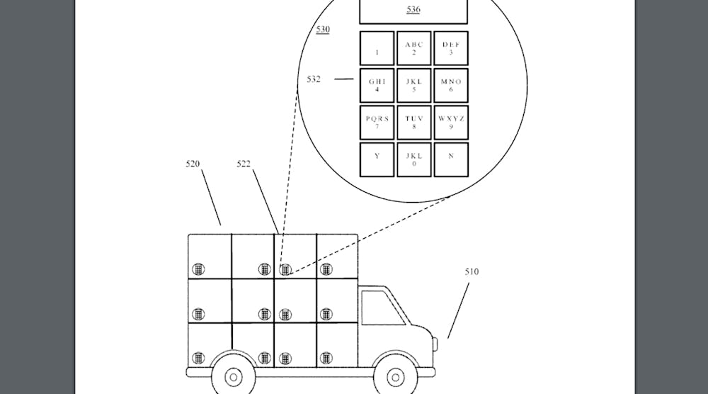 In its patent application, Google explains that this diagram depicts &apos;a package delivery platform, in accordance with certain example embodiments of the present technology.&apos; The diagram appears to illustrate a truck &mdash; which the company clearly envisions being self-driving &mdash; with multiple compartments and PIN-type keypad access to each.