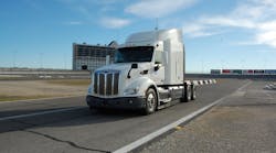 Peterbilt Motors Co.&apos;s autonomous Model 579 concept truck during a demonstration last year at the Texas Motor Speedway. (Photo by Sean Kilcarr/Fleet Owner)