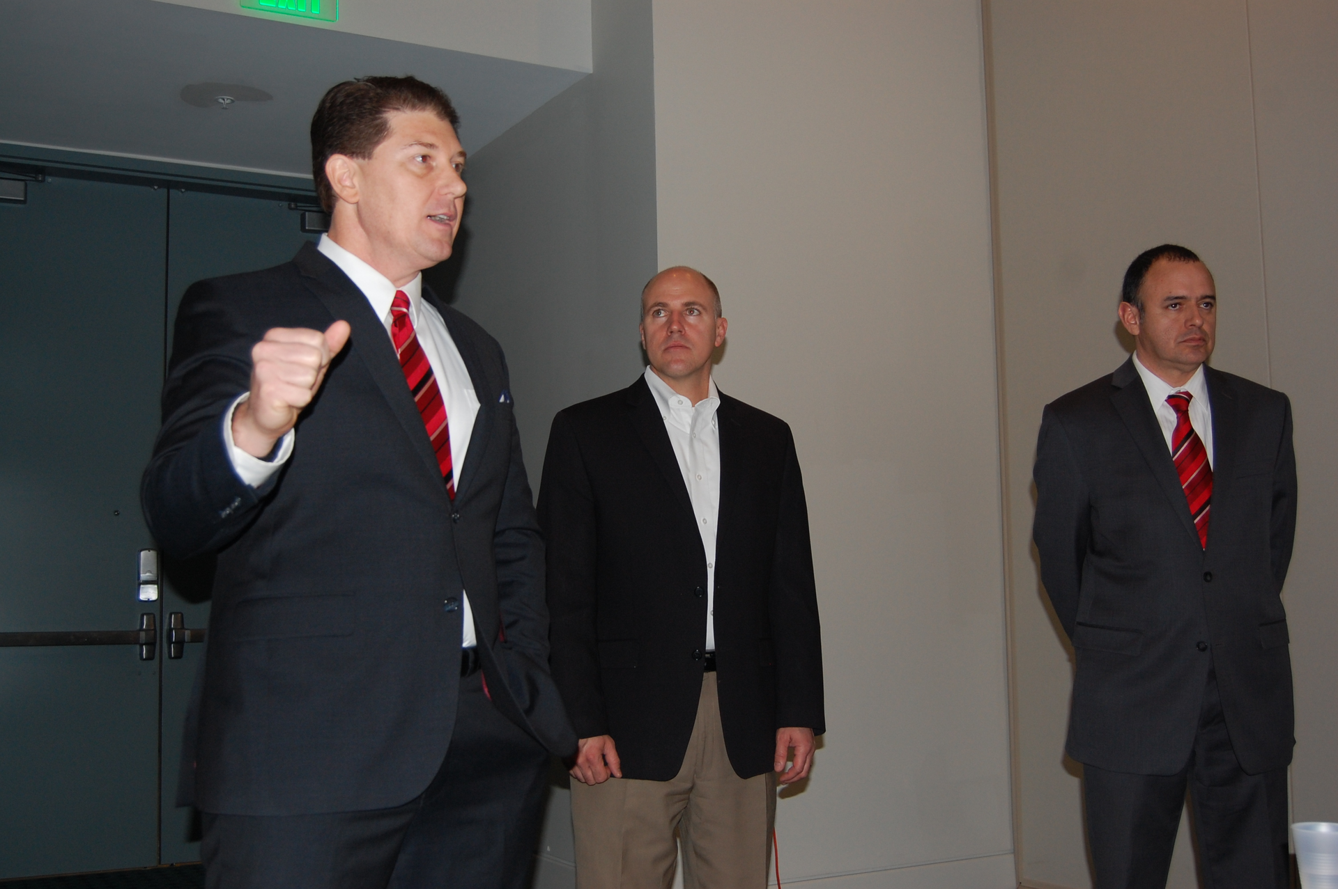 Left to right Mike Taylor Scott Davis and Mario SanchezLara discussing new joint EatonCummins powertrain efforts at the 2016 TMC annual meeting Photo by Sean KilcarrFleet Owner