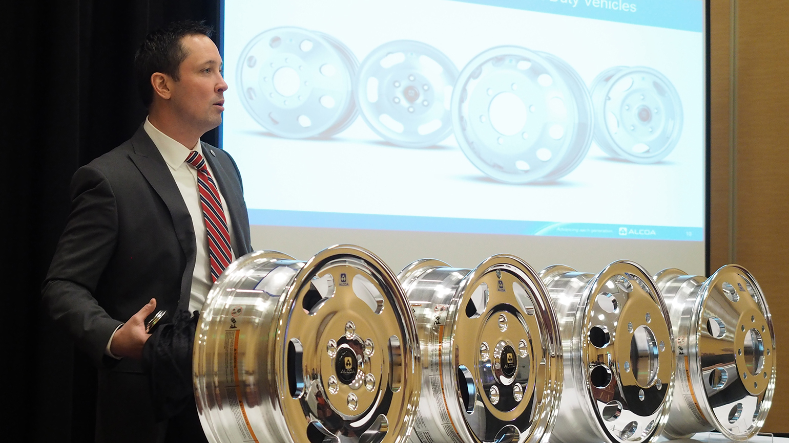 Tom McGann director of marketing at Alcoa unveiled four lightcatching weightsaving new wheels in the companys MSeries lineup at the NTEA Work Truck Show