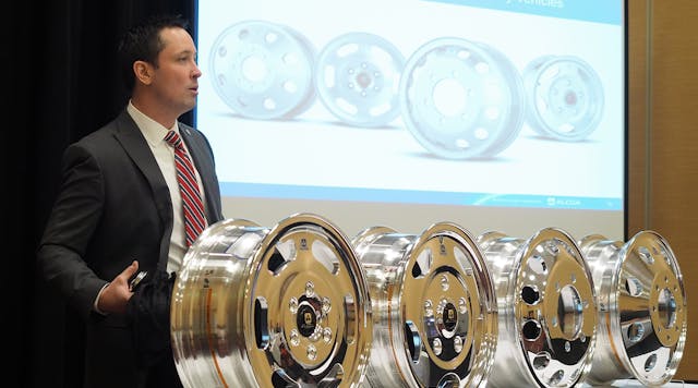 Tom McGann, director of marketing at Alcoa, unveiled four light-catching, weight-saving new wheels in the company&apos;s M-Series lineup at the NTEA Work Truck Show.