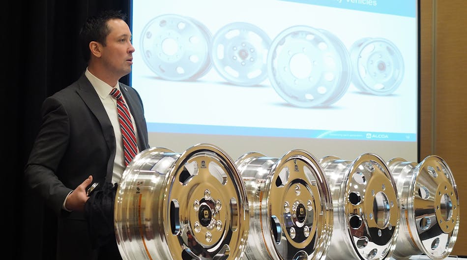 Tom McGann, director of marketing at Alcoa, unveiled four light-catching, weight-saving new wheels in the company&apos;s M-Series lineup at the NTEA Work Truck Show.