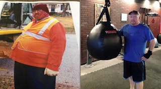 Before and after: Truck driver Benjie Burns (at left) before his lifestyle change in 2015, and now 100+ lbs. lighter and on a path to slim and healthy.