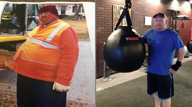 Before and after: Truck driver Benjie Burns (at left) before his lifestyle change in 2015, and now 100+ lbs. lighter and on a path to slim and healthy.