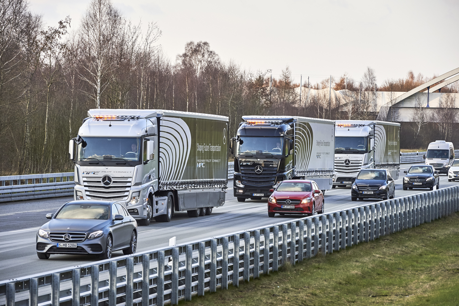 Daimler39s Highway Pilot Connect platoons three trucks on a public highway in Germany Second and third trucks are operating semiautonomously with steering acceleration and braking controlled by the lead vehicle
