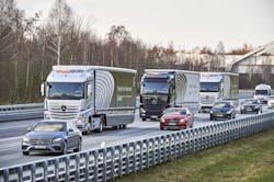 Daimler39s Highway Pilot Connect platoons three trucks on a public highway in Germany Second and third trucks are operating semiautonomously with steering acceleration and braking controlled by the lead vehicle Daimler39s Highway Pilot Connect platoons three trucks on a public highway in Germany Second and third trucks are operating semiautonomously with steering acceleration and braking controlled by the lead vehicle